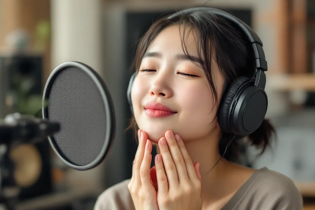 音域を広げる練習ステップ1：リラックスしてマイクの前で鼻歌（ハミング）を歌う女性