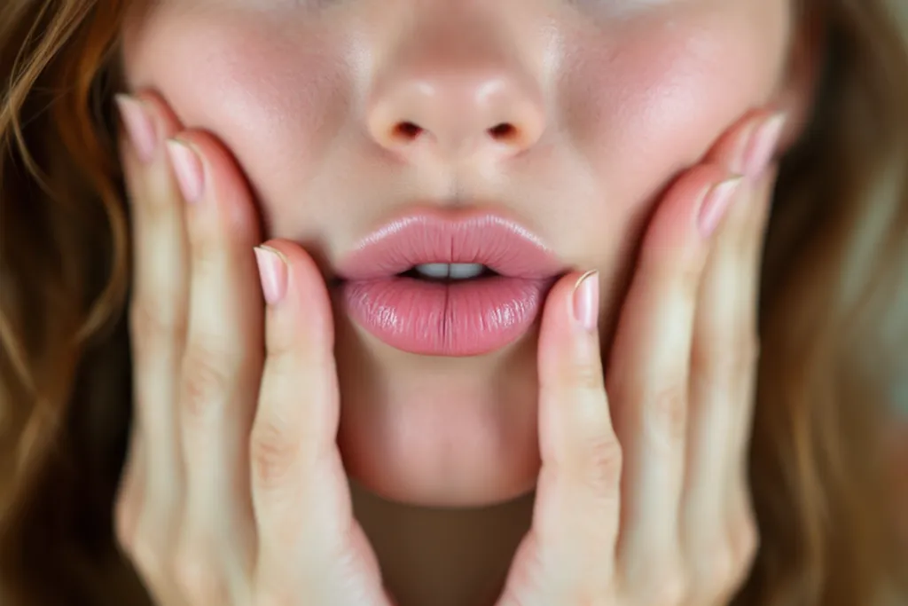 音域を広げるステップ2：両手で頬を支え、リラックスしてリップロール（唇を震わせる練習）をする女性のクローズアップ