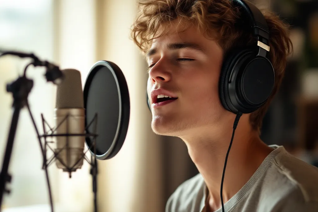 音域を広げるステップ3：ヘッドホンを装着し、会話と同じリラックスした音量で歌う練習をする男性の横顔